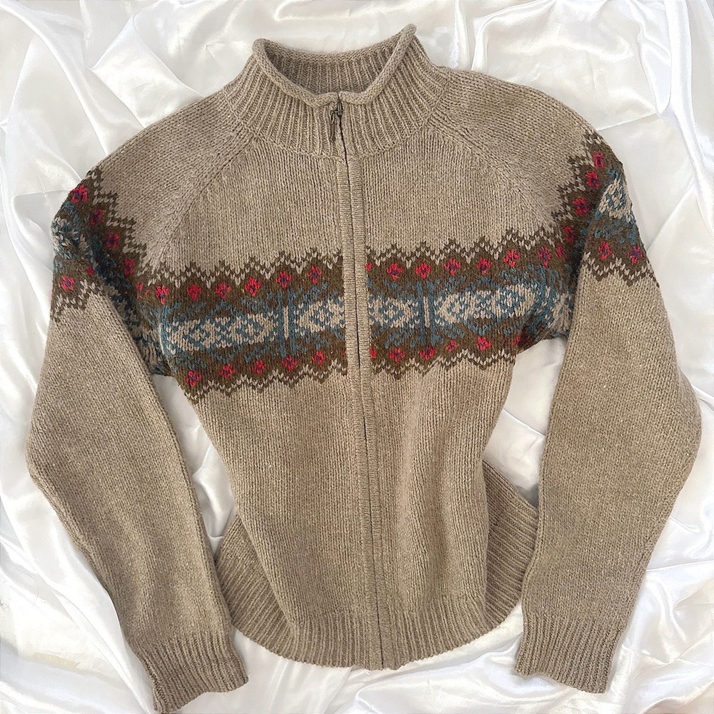 Evan-Picone Vintage Fair Isle Full Zip Cardigan Sweater Taupe Ramie Blend Large